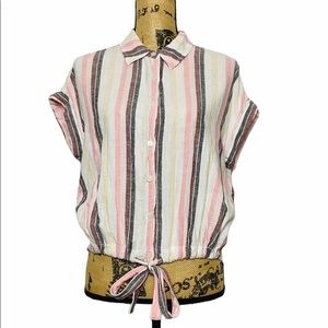 Sanctuary Striped Drawstring Waist Button-Up Top S